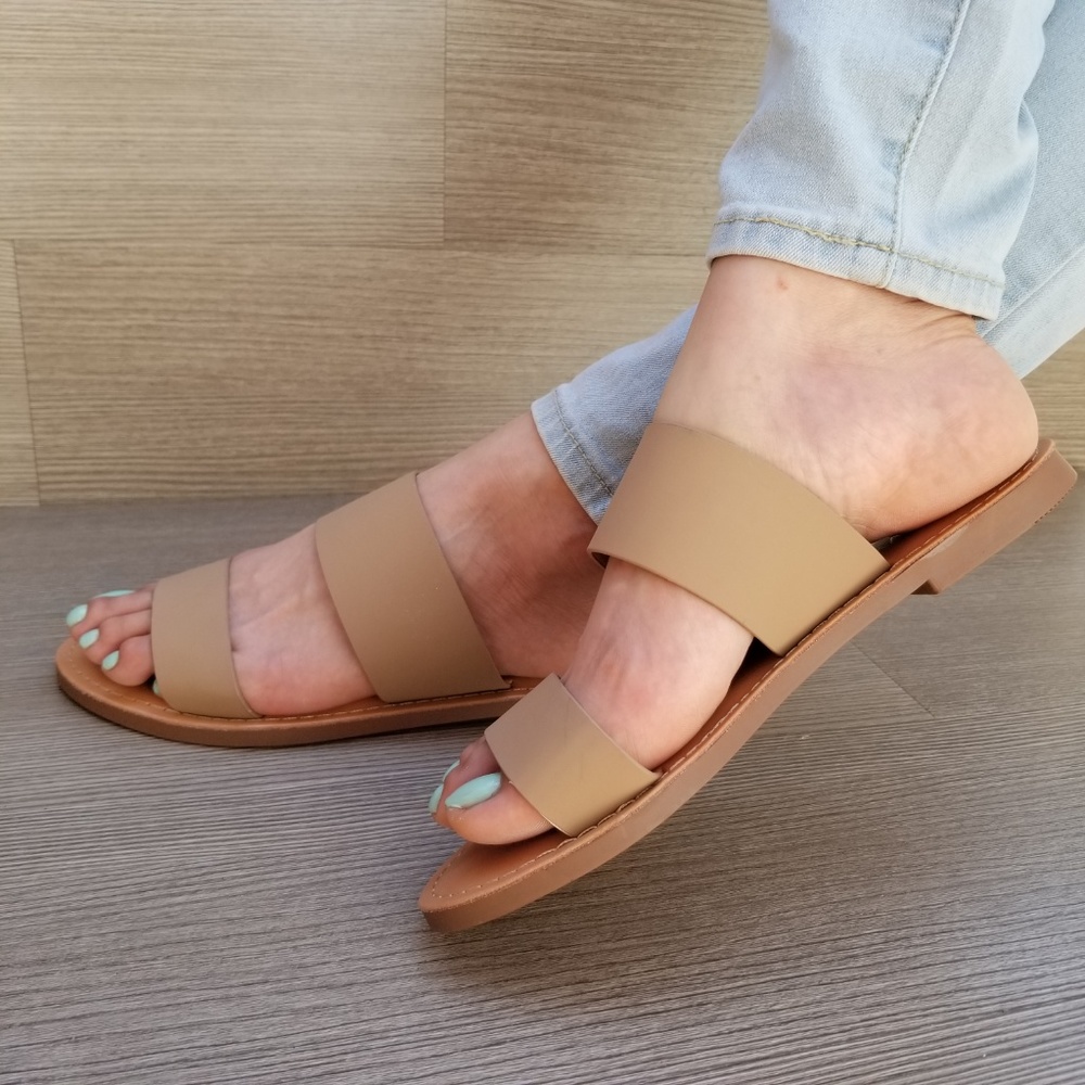 Slip On 2 Strap Flat Sandal Tan Faux Leather-E - Picture 8 of 8